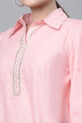 Baby Pink Pure Cotton Printed Shirt Style Tunic