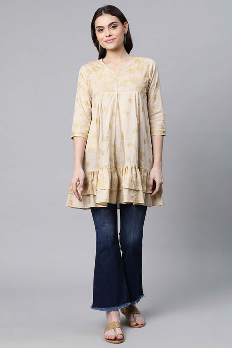 Beige Cotton Gold Printed Tunic
