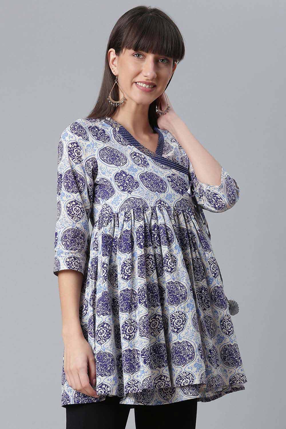 Cotton Navy Blue Wax Printed Western Tunic