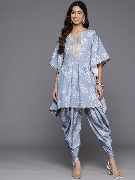 Women's Grey Polyester Printed Top Set With Dhoti Pant