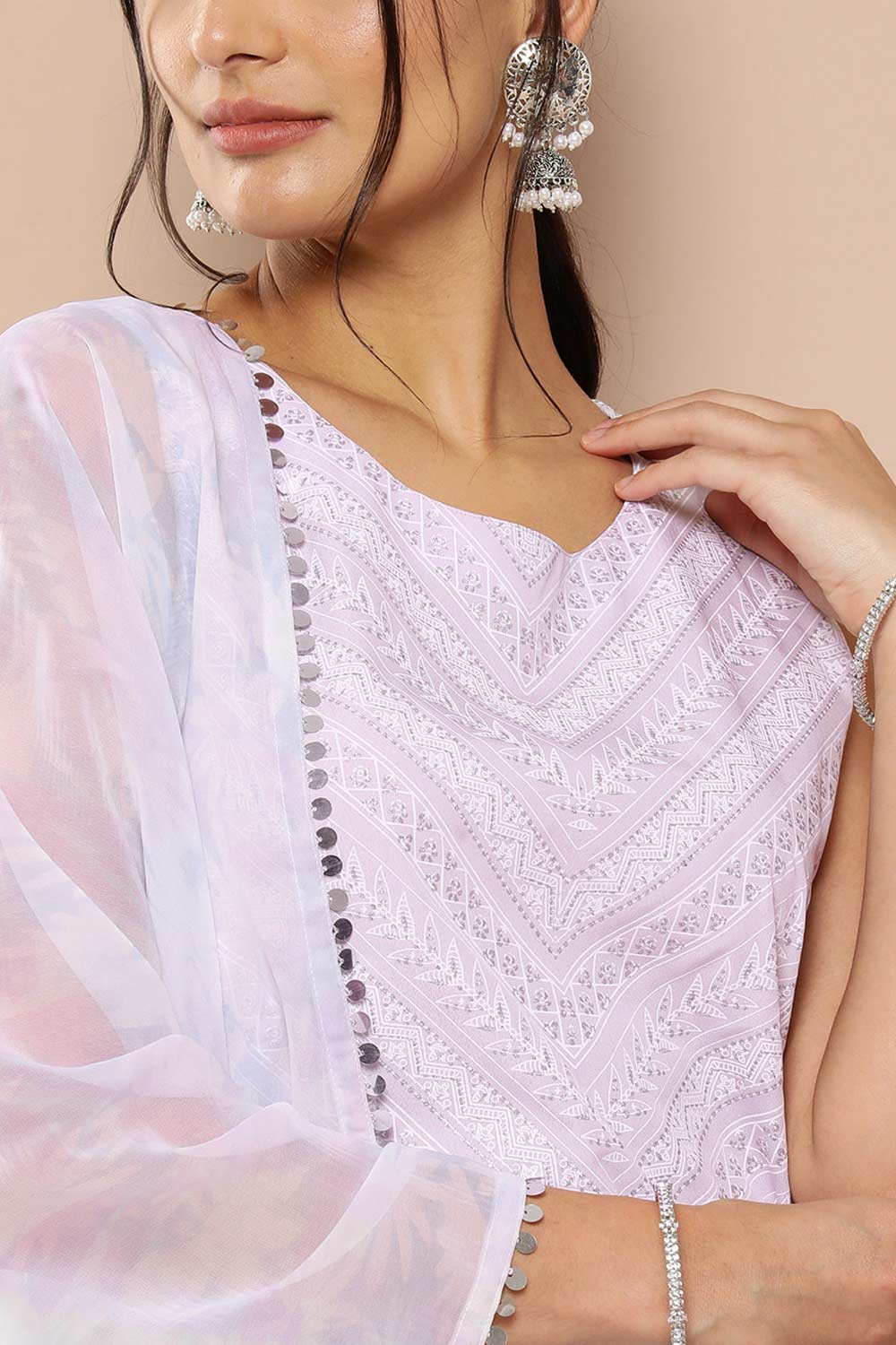 Buy Lavender Poly Crepe Printed Kurta Sharara Set With Dupatta Online