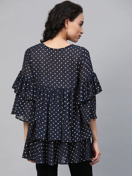 Navy Blue Georgette Golden Polka Dots Print Tiered Tunic