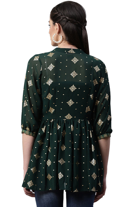 Shop Woman's Georgette Ethnic Motifs Tunic in Dark Green At KarmaPlace