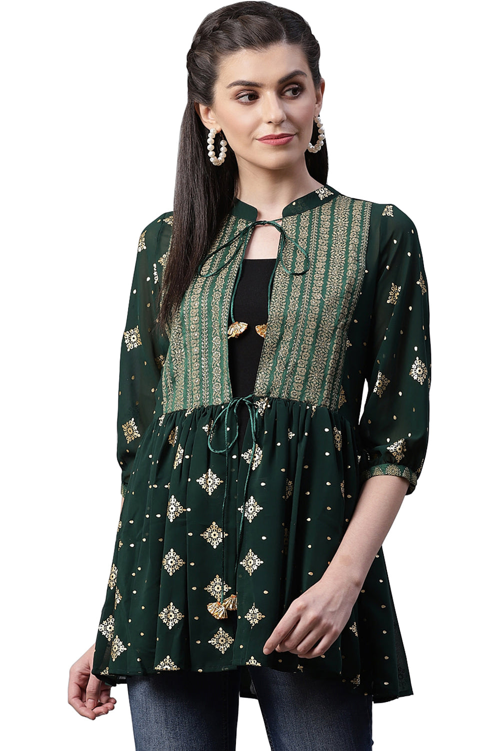 Buy Georgette Ethnic Motifs Tunic in Dark Green Online