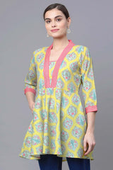 Cotton Blend Lemmon Yellow Digital Printed Tunic