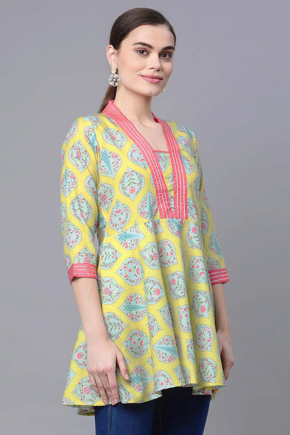 Cotton Blend Lemmon Yellow Digital Printed Tunic