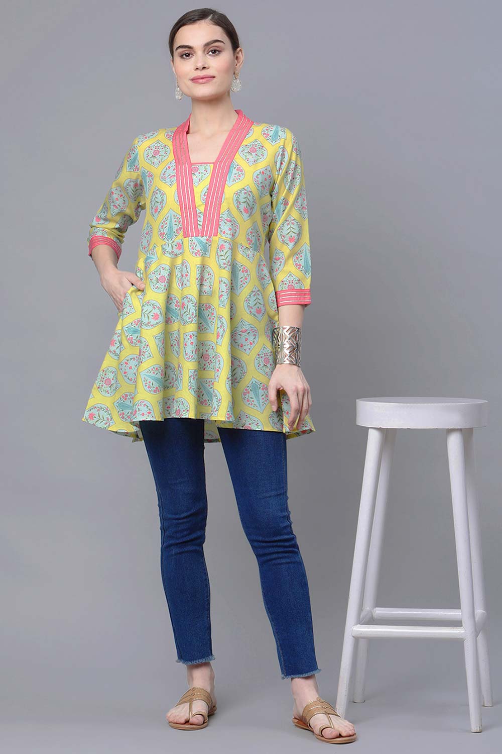 Cotton Blend Lemmon Yellow Digital Printed Tunic