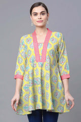 Cotton Blend Lemmon Yellow Digital Printed Tunic