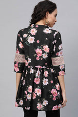 Women Black Rayon Floral Print Tunic