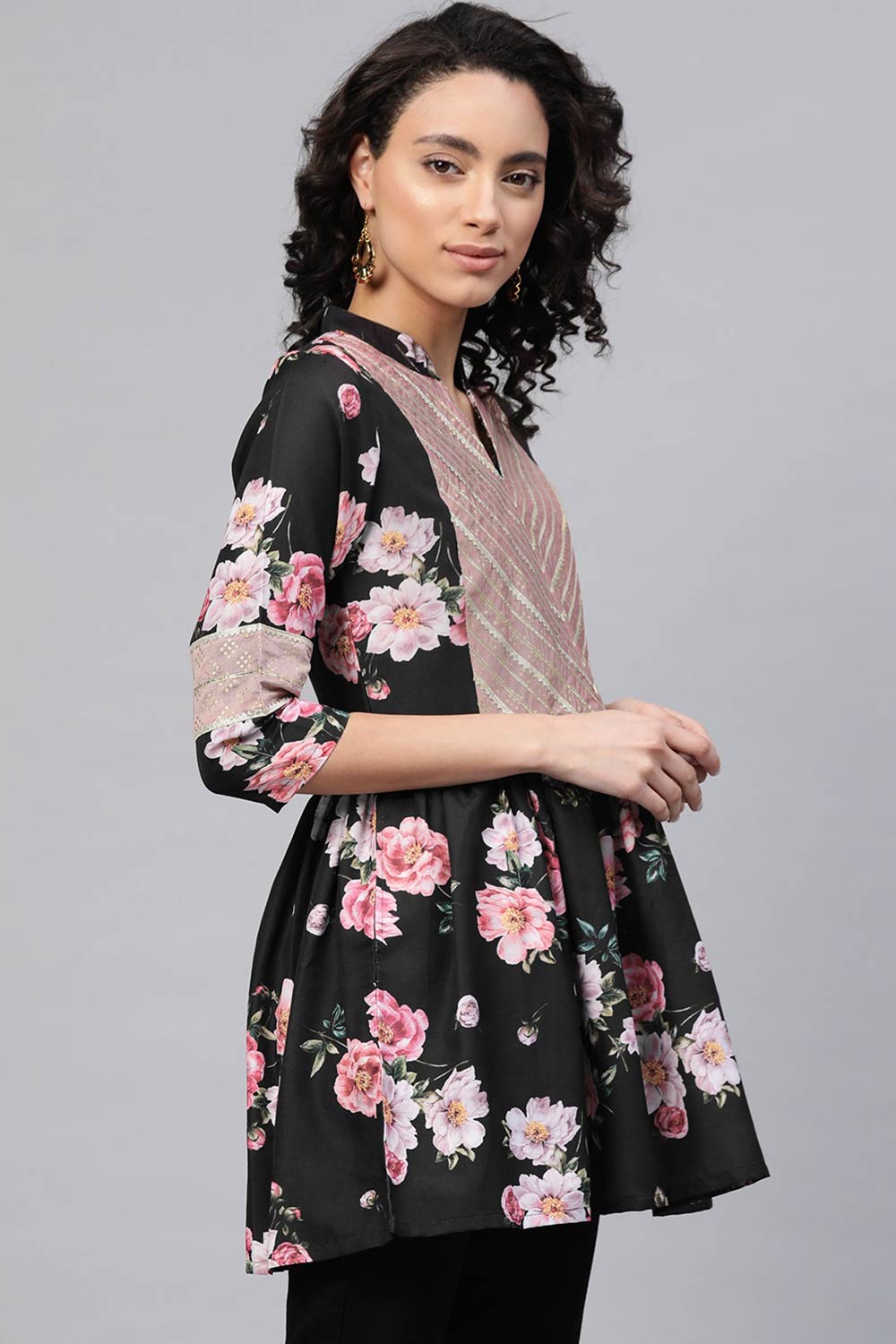 Women Black Rayon Floral Print Tunic