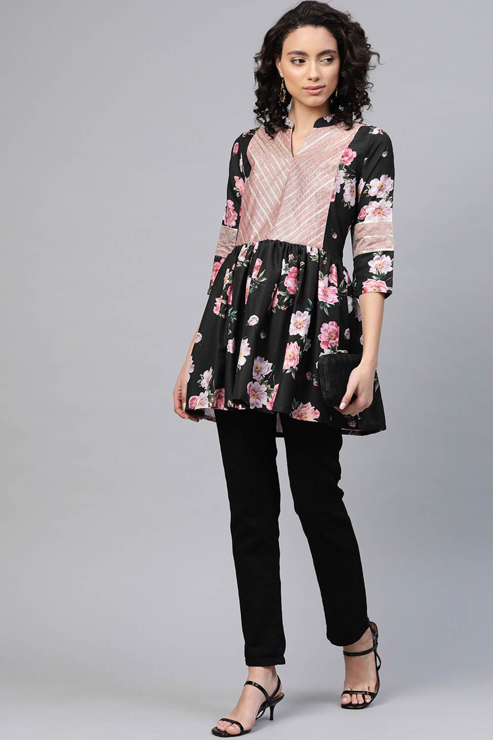 Women Black Rayon Floral Print Tunic