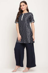 Buy Rayon Foil Print Kurta Set in Blue - Back