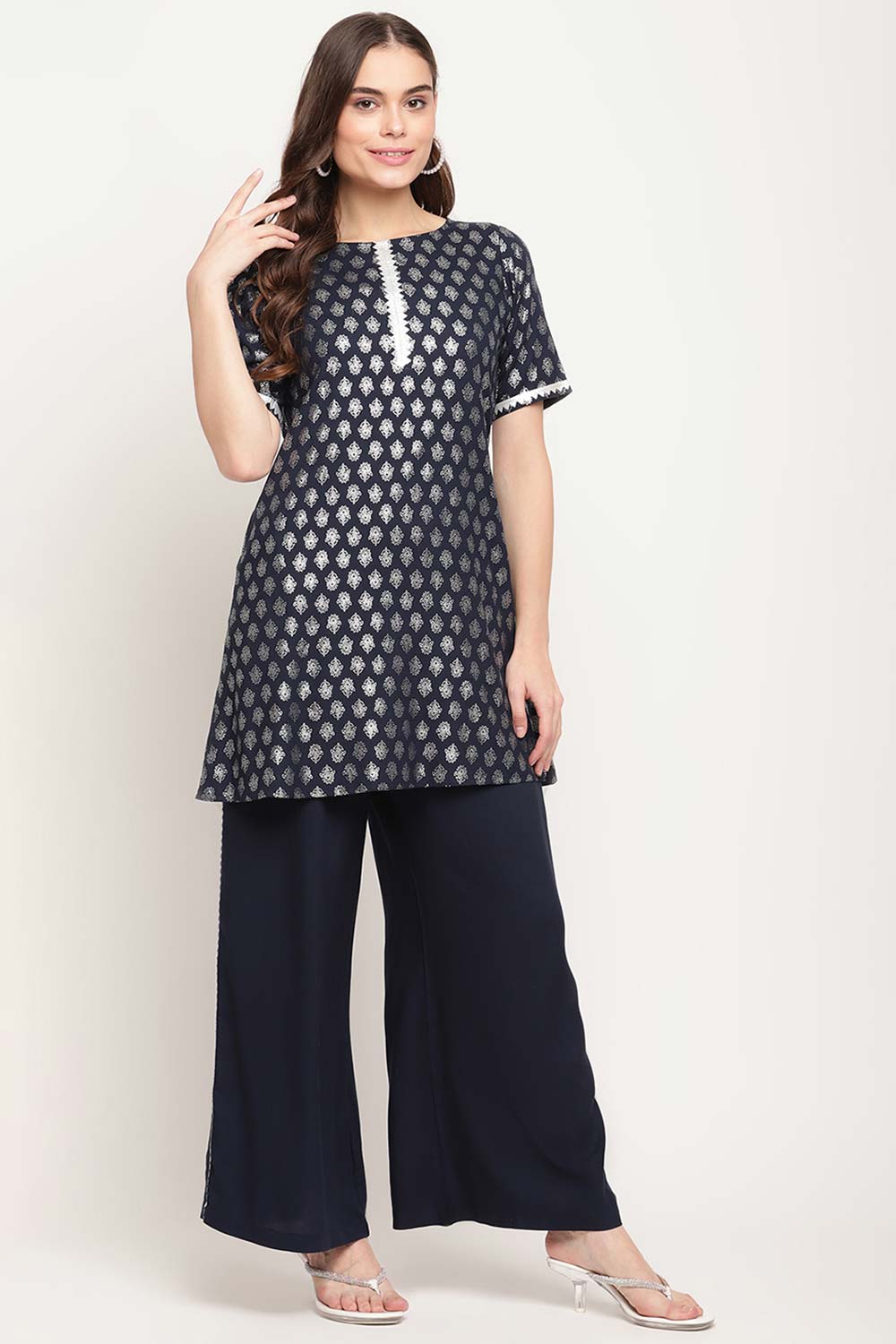 Buy Rayon Foil Print Kurta Set in Blue - Side