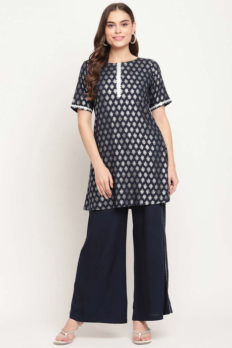 Buy Rayon Foil Print Kurta Set in Blue