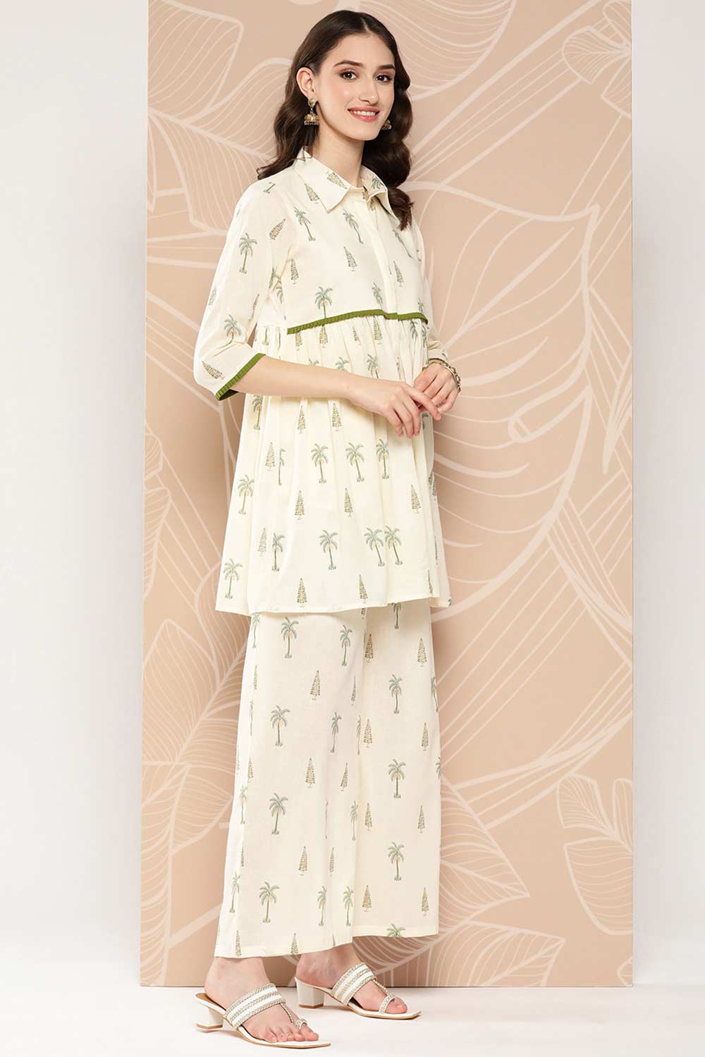 Buy Off White Printed Cotton Tunic with Palazzos Online