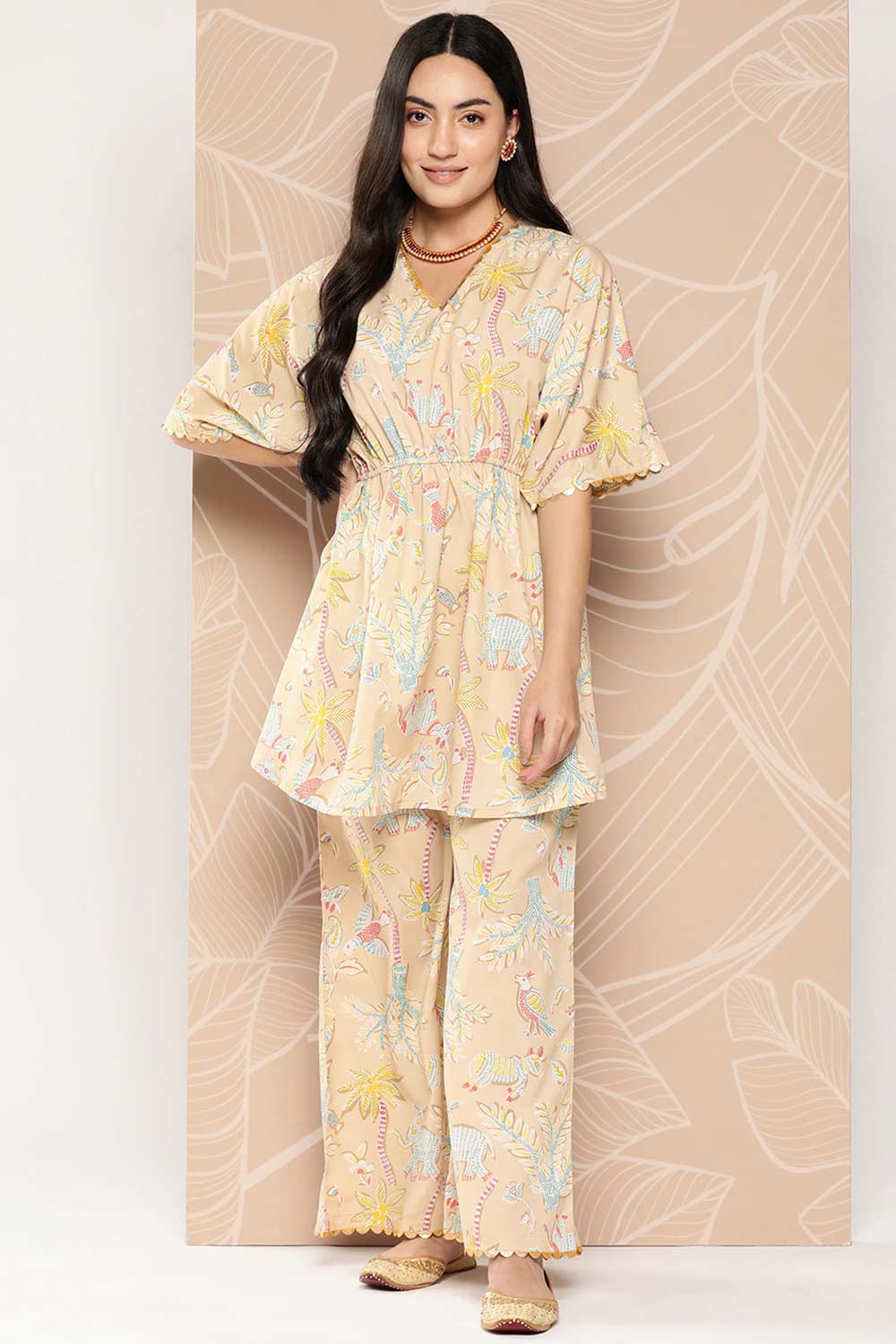 Buy Tan Printed Crepe Tunic With Palazzos Online