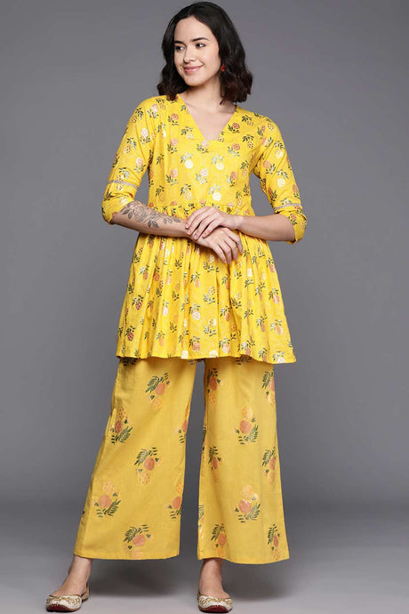 Buy Yellow Printed Pure Cotton Tunic With Palazzos Online