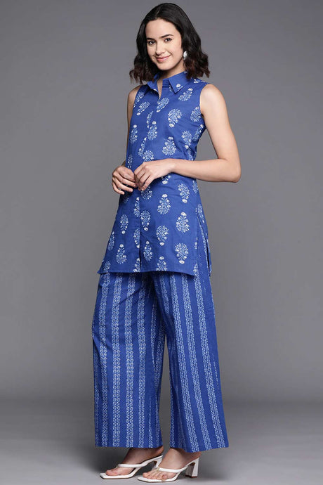 Buy Blue Printed Pure Cotton Tunic With Palazzos Online
