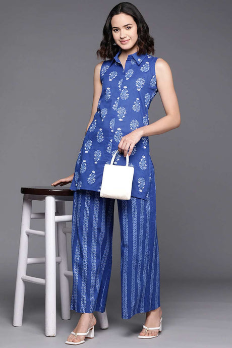 Buy Blue Printed Pure Cotton Tunic With Palazzos Online