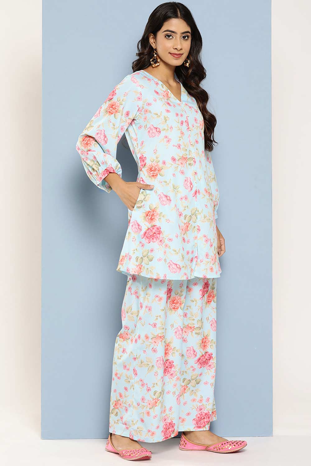 Buy Multi Color Floral Printed Crepe Tunic with Palazzos Online