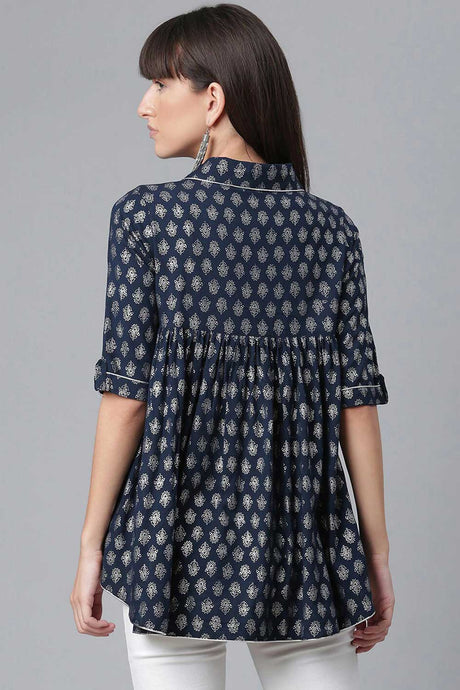 Buy Poly Rayon Silver Foil Printed Tunic in Navy Blue Online - Back