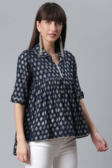 Buy Poly Rayon Silver Foil Printed Tunic in Navy Blue Online - Front