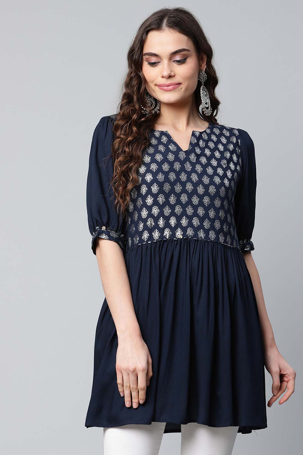 Navy Blue Rayon Silver Foil Print Tunic