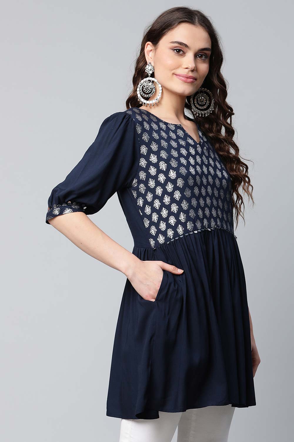 Navy Blue Rayon Silver Foil Print Tunic