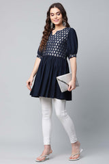 Navy Blue Rayon Silver Foil Print Tunic