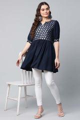 Navy Blue Rayon Silver Foil Print Tunic