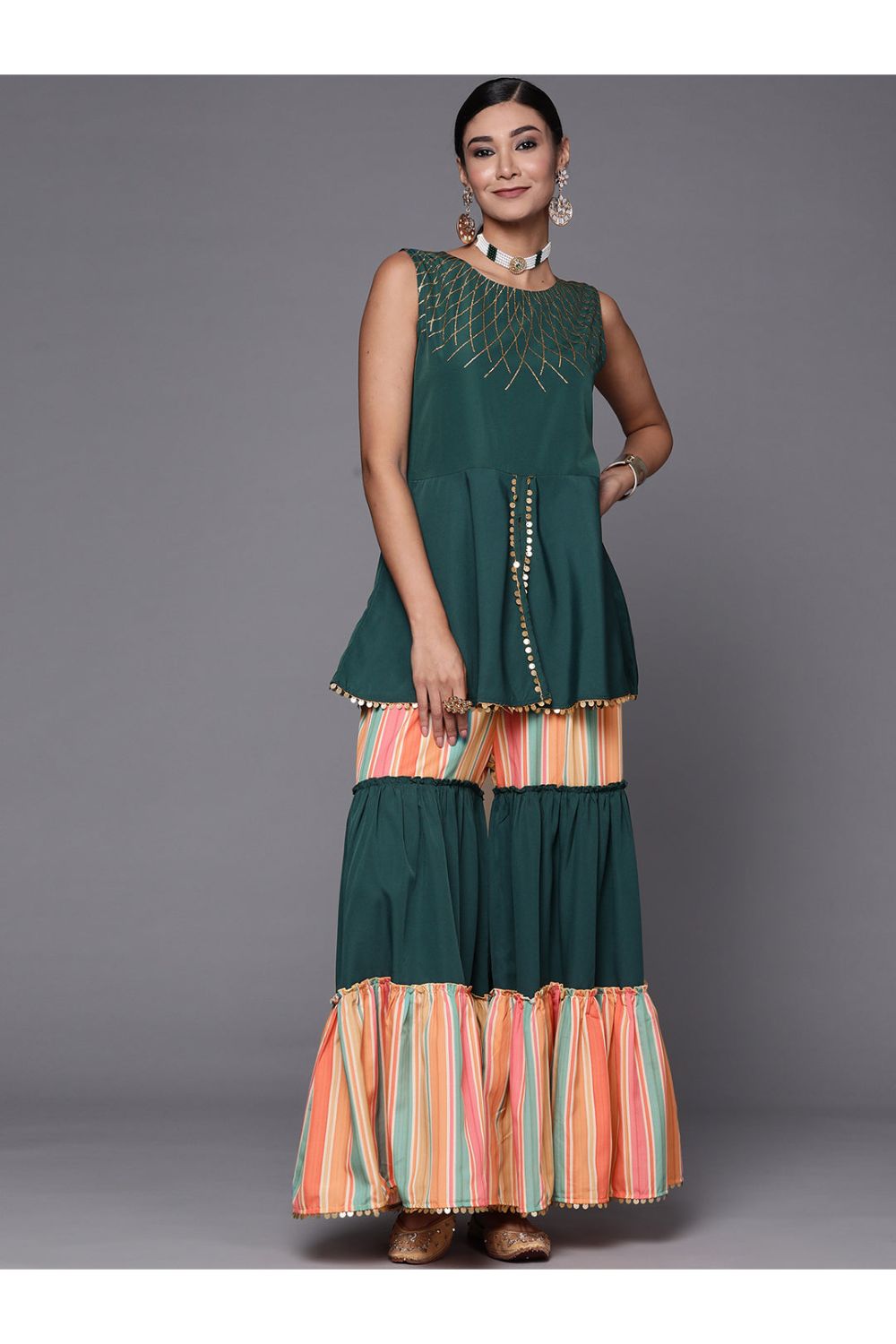 Buy Green Crepe Printed Tunic with Sharara Set Online