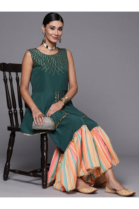 Buy Green Crepe Printed Tunic with Sharara Set Online