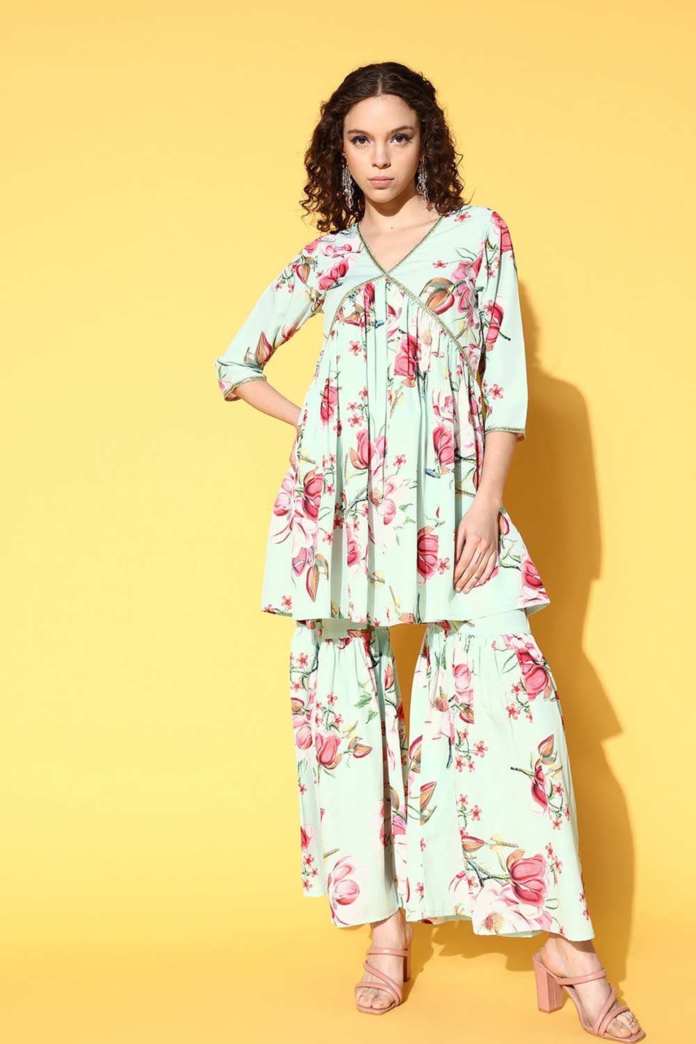 Buy Mint Green Poly Crepe Printed Kurta Sharara Set Online