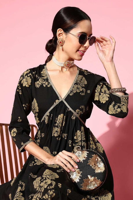 Buy Black Poly Crepe Printed Kurta Sharara Set Online