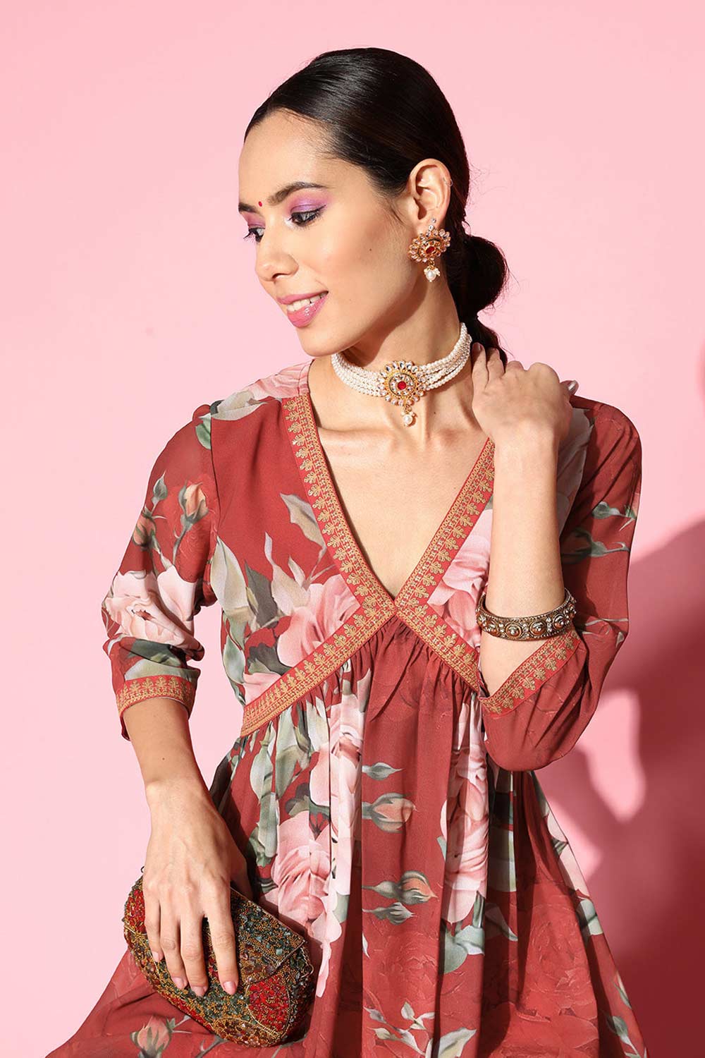 Buy Red Poly Georgette Printed Kurta Sharara Set Online