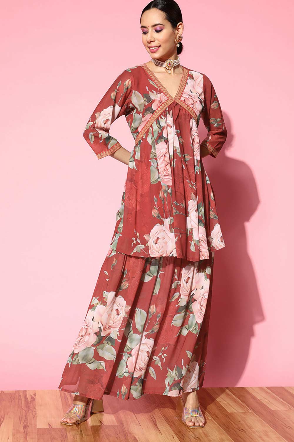 Buy Red Poly Georgette Printed Kurta Sharara Set Online