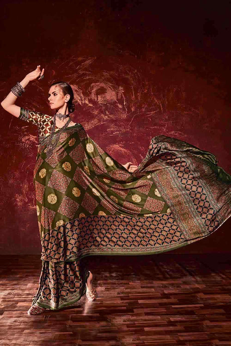 Olive Satin Ajrak Digital Block Print Saree