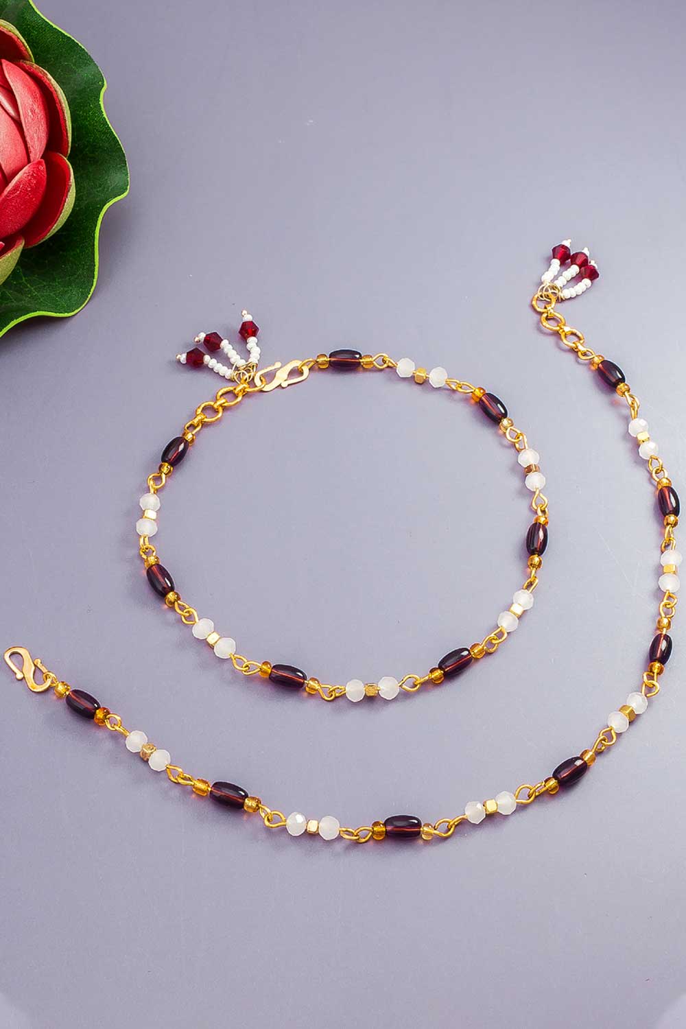 Gold And Burgundy Small Bead Anklets