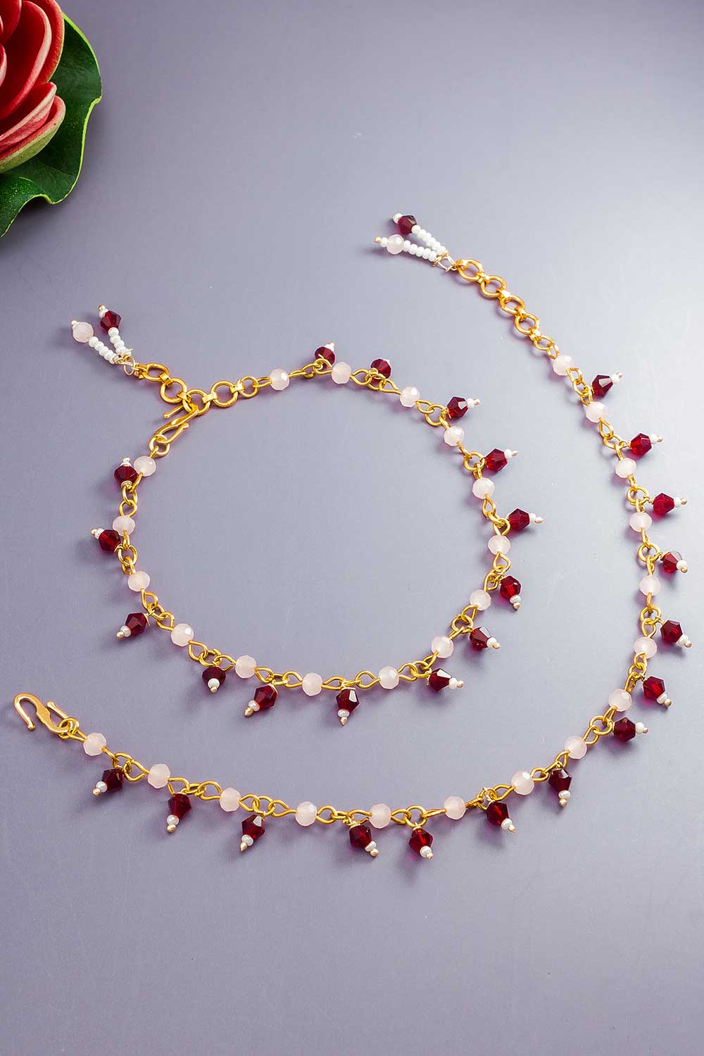 Gold And Red Small Bead Anklets