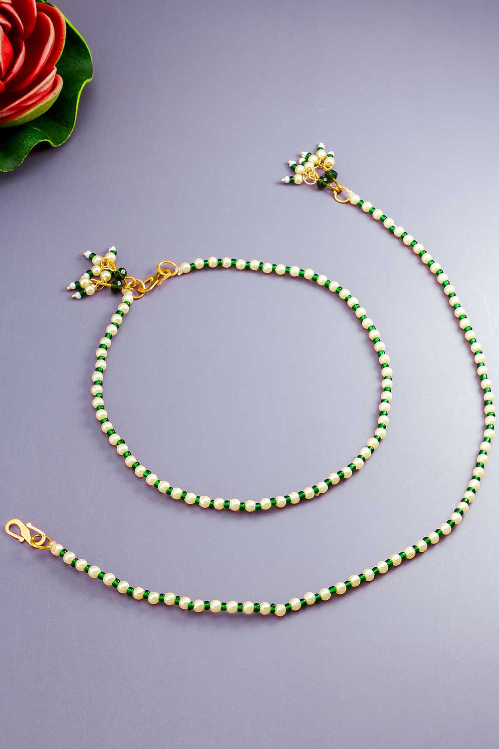 Off White And Green Small Bead Anklets