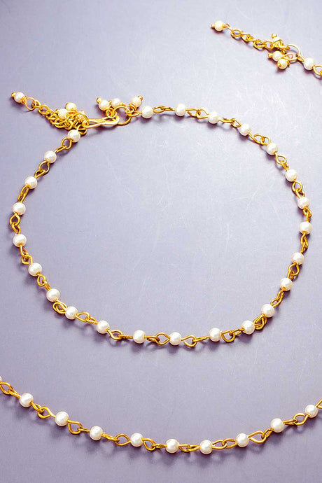 Off White And Gold Small Bead Anklets