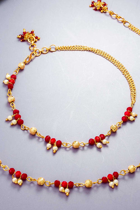 Gold and Red Small Bead Anklets