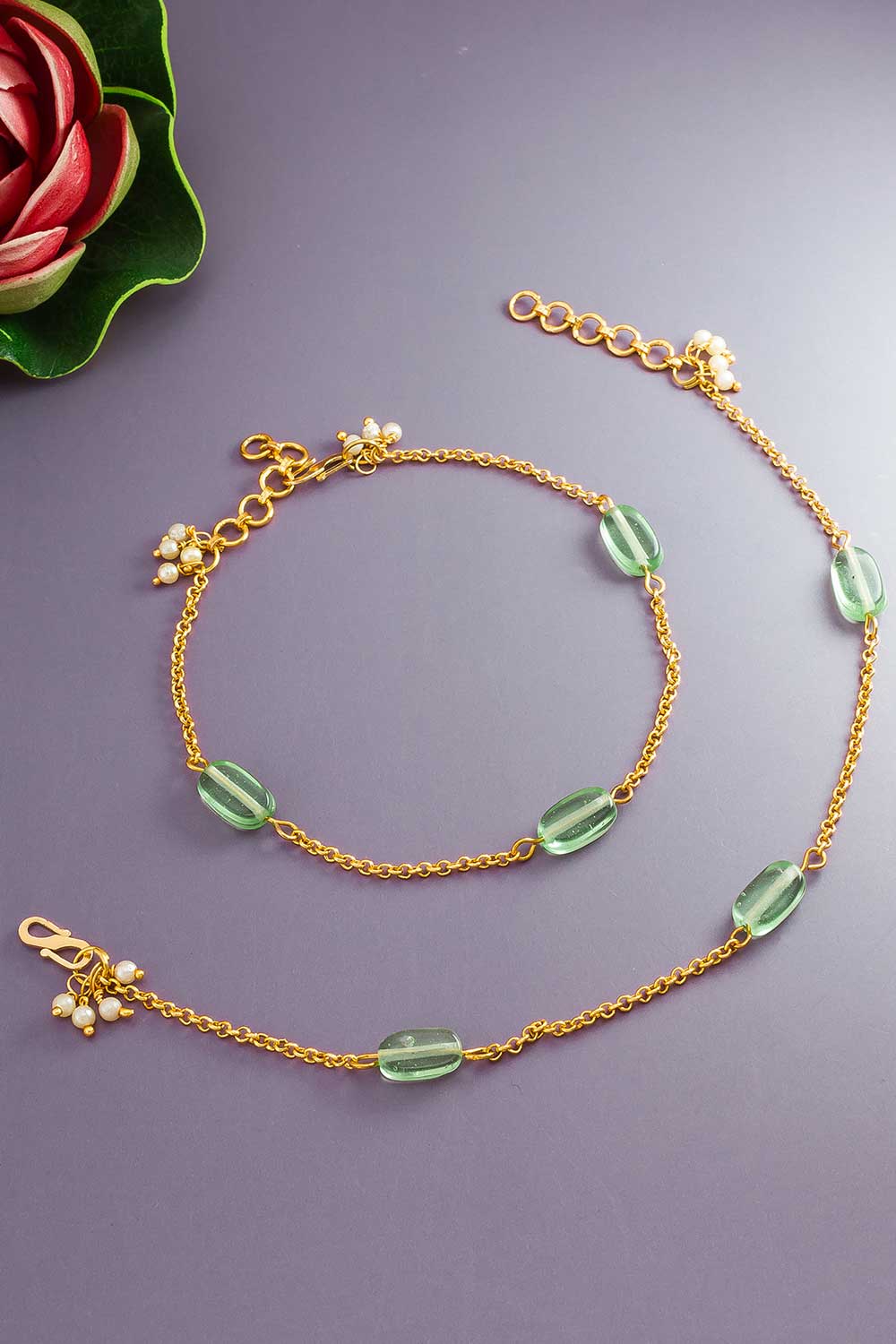 Gold And Green Small Bead Anklets