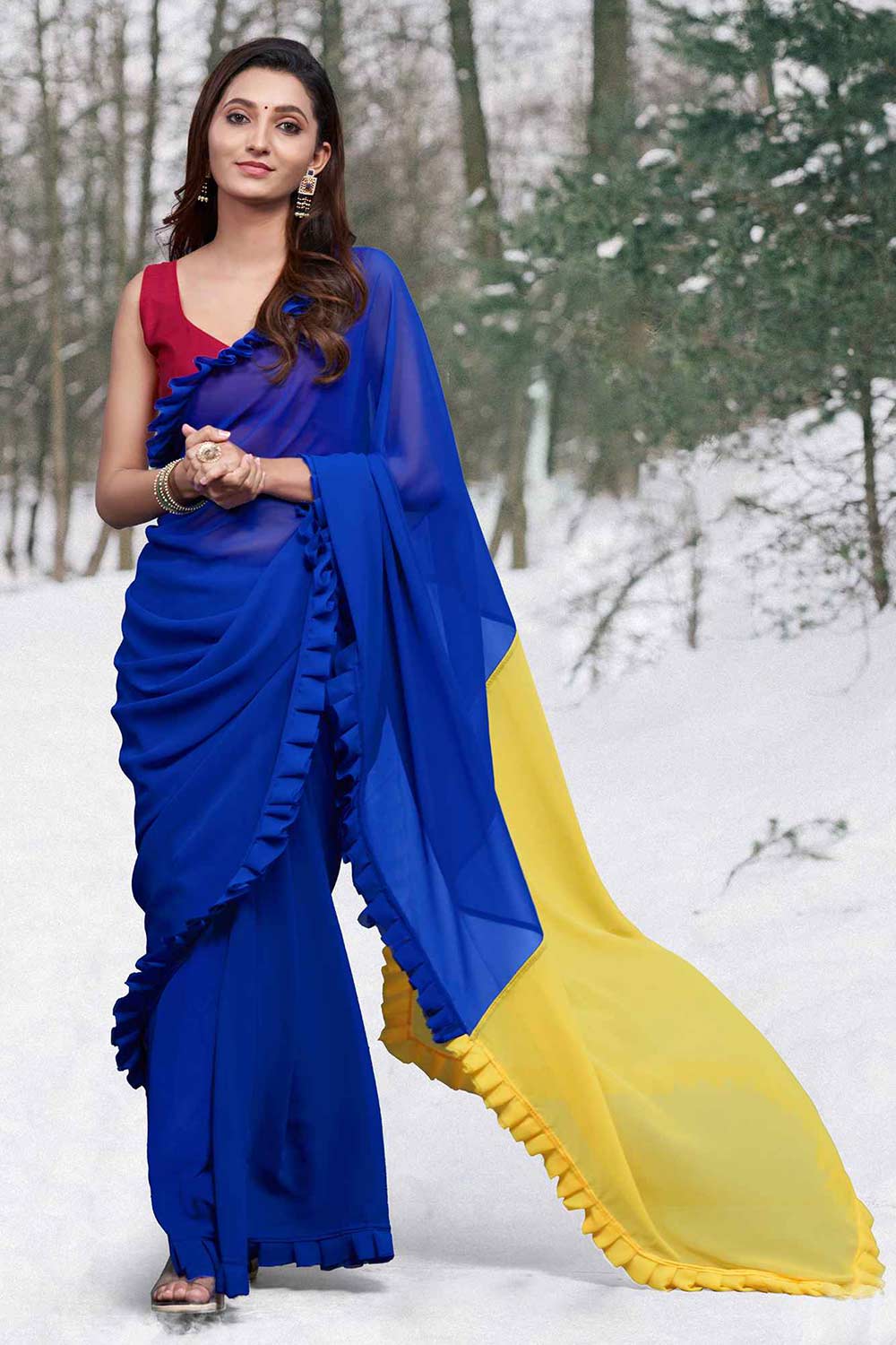 Blue Georgette Ruffle Border Saree