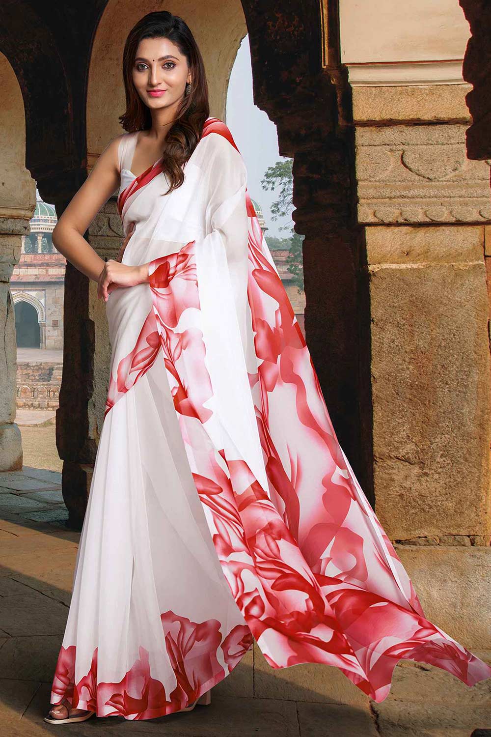 White Organza Floral Printed Saree