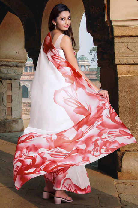 White Organza Floral Printed Saree