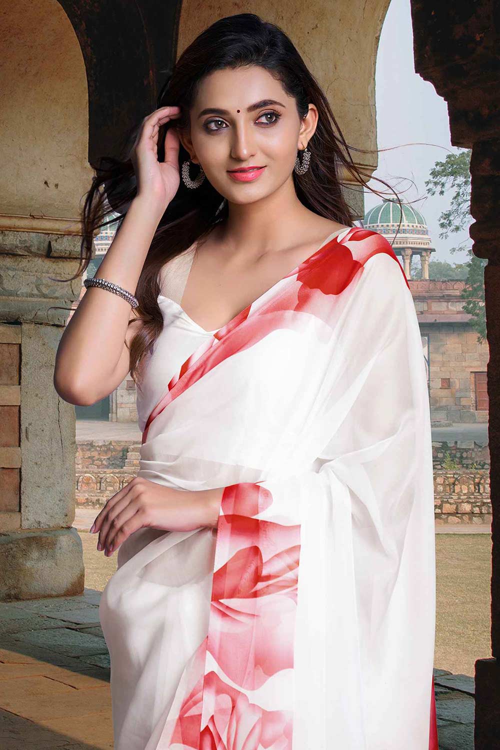 White Organza Floral Printed Saree