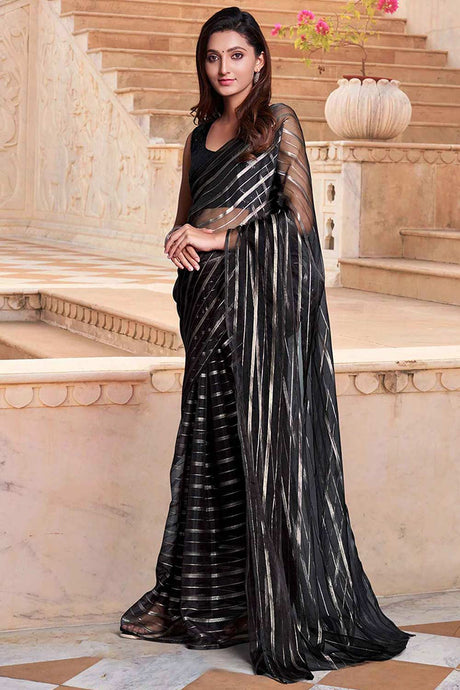 Black Organza Striped Saree