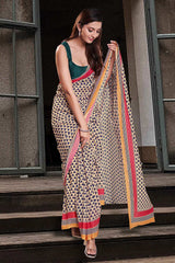 Cream Cotton Geometric Print Saree