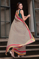 Cream Cotton Geometric Print Saree